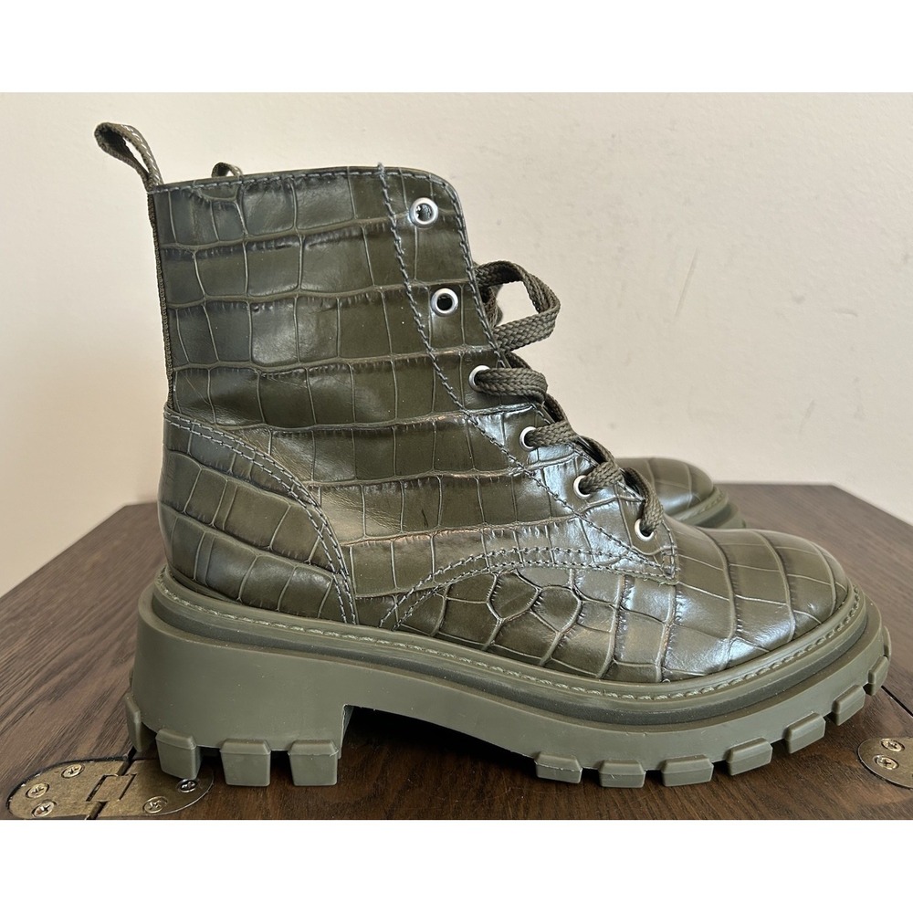 Schultz Orly Croc Print Combat Leather Boots Military Green Women's 9.5B